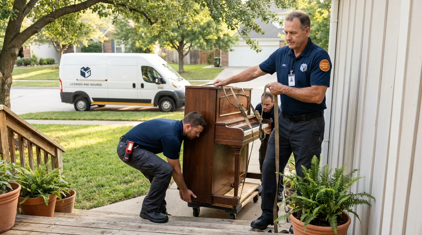 Licensed piano movers securing grand piano in Greenbrier, AR