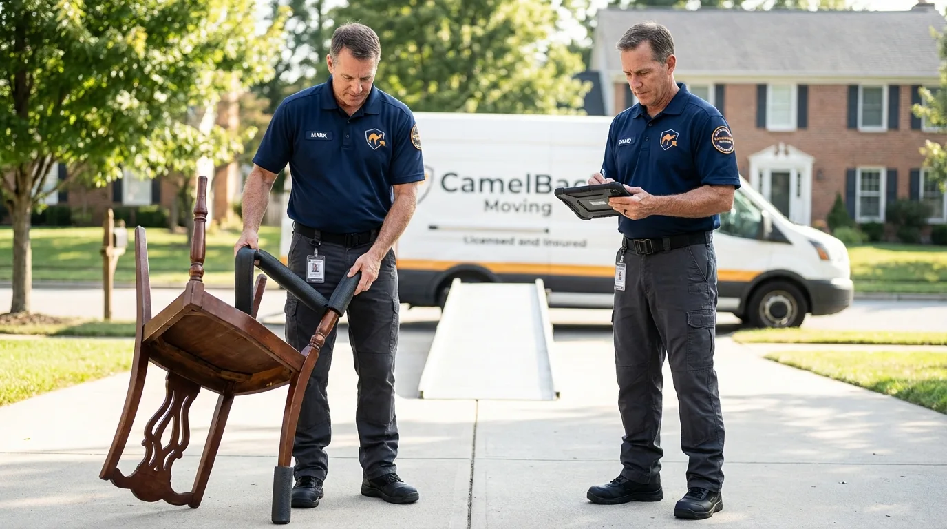 Movers inspecting furniture for damage prevention before loading in Greenbrier, AR