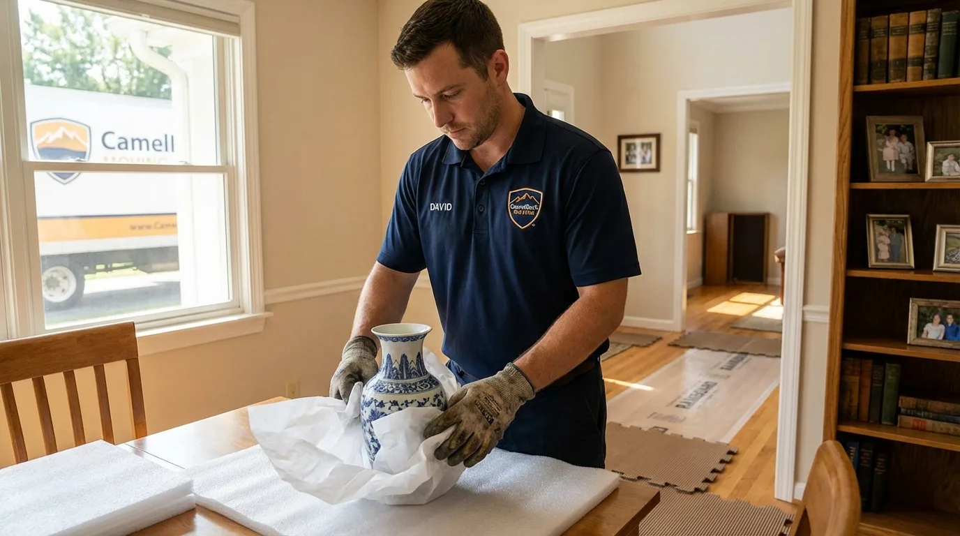 Professional crew carefully wrapping antique vase for senior downsizing move in Greenbrier, AR